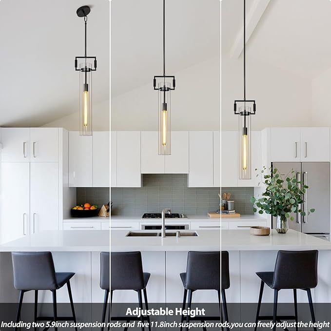 Modern Black Pendant Lights Set of 2, 21.6'' kitchen pendant lighting over island, Indoor Adjustable Height Glass Pendant Light Fixtures, Large Pendant Lights Kitchen Island, E12 Bulb Included