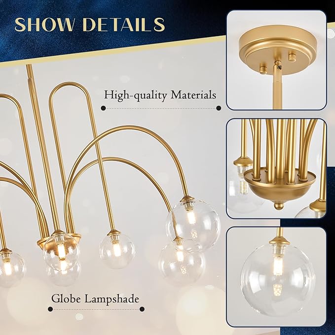 Modern Sputnik Light Fixture 8 Lights Luxury Gold Chandelier Large L41” Mid Century Clear Glass Globe Ceiling Pendant Light for Foyer Staircase Living Dining Room Kitchen