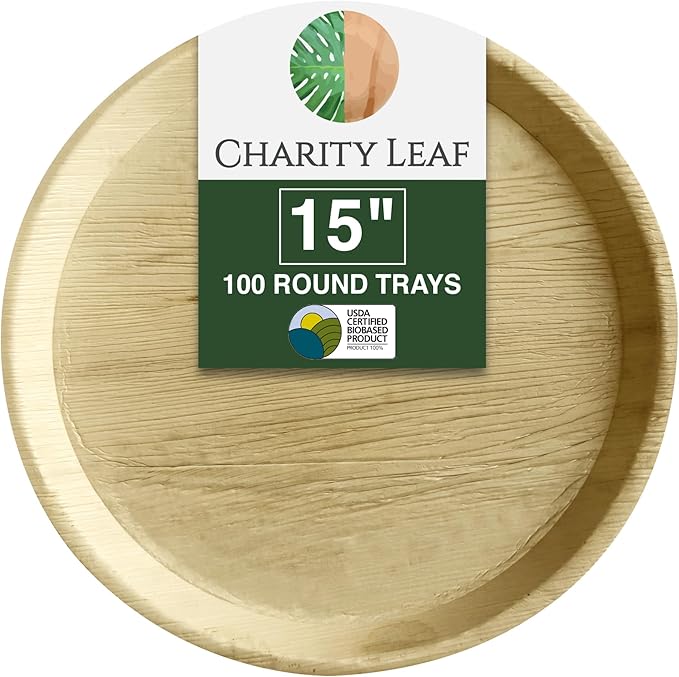 Disposable Palm Leaf 15" Round Trays (100 pieces) Bamboo Like Serving Platters, Disposable Boards, Eco-Friendly Dinnerware For Weddings, Catering, Events