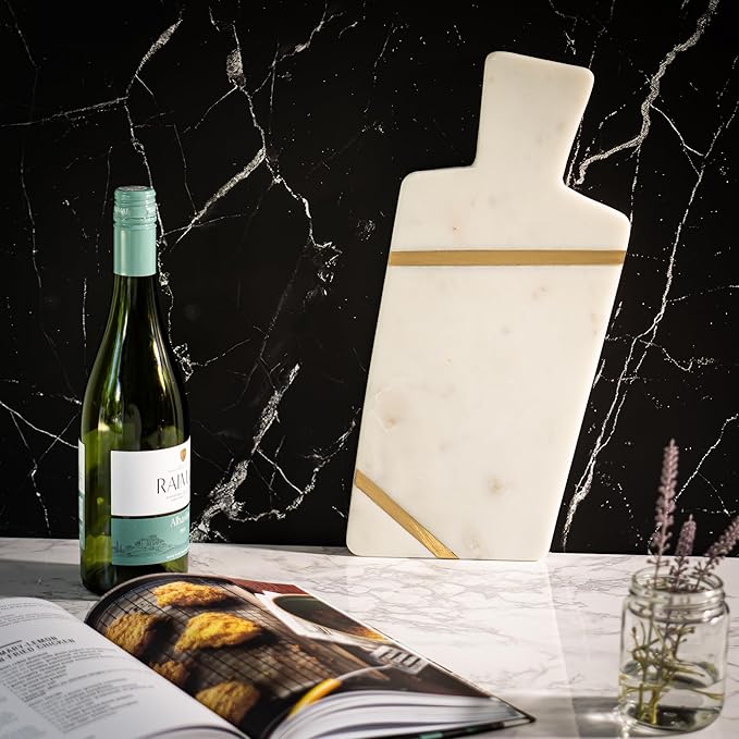 Cork & Mill Marble Cheese Board for Charcuterie, Large Decorative Stone Cutting Board, 15" Long Charcuterie Tray, Unique Gold and White Decorative Meat and Cheese Serving Tray with Handle
