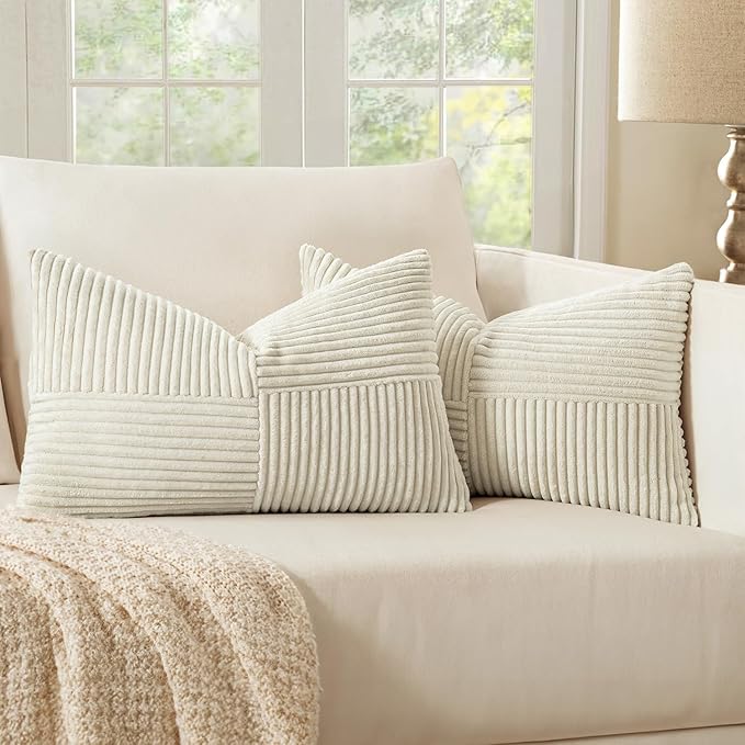 MIULEE 12x20 Inch Boho Lumbar Accent Pillows Set of 2 - Beige Corduroy Textured Throw Pillow Covers with Cross Patchwork Design, Soft Spliced Decorative for Sofa, Bed & Reading Nook
