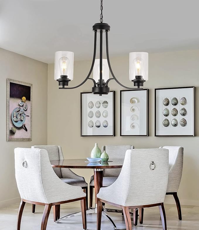 3 Lights Black Traditional Chandelier Rustic Kitchen Island Lighting Fixtures Hanging Clear Glass Cylinder Pendant Lights Classic Ceiling Light for Dining Room Bedroom Foyer