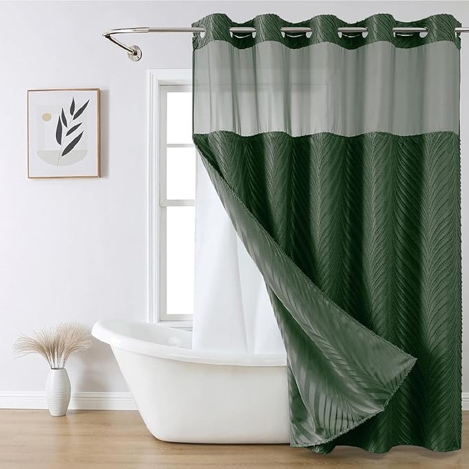 No Hook Shower Curtain and Liner Set,No Hook Tufted Striped Textured Shower Curtain with Snap in Liner Replacement and Waterproof Fabric,Boho Style with See Through Top Window,DarkGreen,71Wx80H