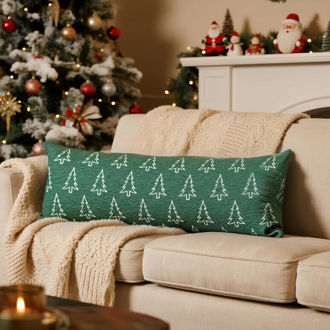 Reversible Christmas Pillow Covers 14x36, Chenille Double-Sided Snowflake & Tree, Cozy Farmhouse Holiday Throw Pillowcases with Hidden Zipper for Sofa, Couch and Bed(Green,36x14)