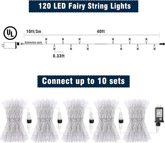 120 LED Blue Green Christmas Lights Outdoor Waterproof, 40ft Clear Wire Christmas Tree Lights 8 Modes Plug in Twinkle Fairy Lights for Indoor Christmas Bedroom Tree Decoration