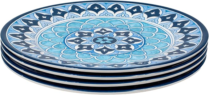 Blue Fontana 12-Piece Melamine Dinnerware Set, 4 Dinner Plates, 4 Salad Plates, 4 Bowls, Dishwasher Safe, Durable