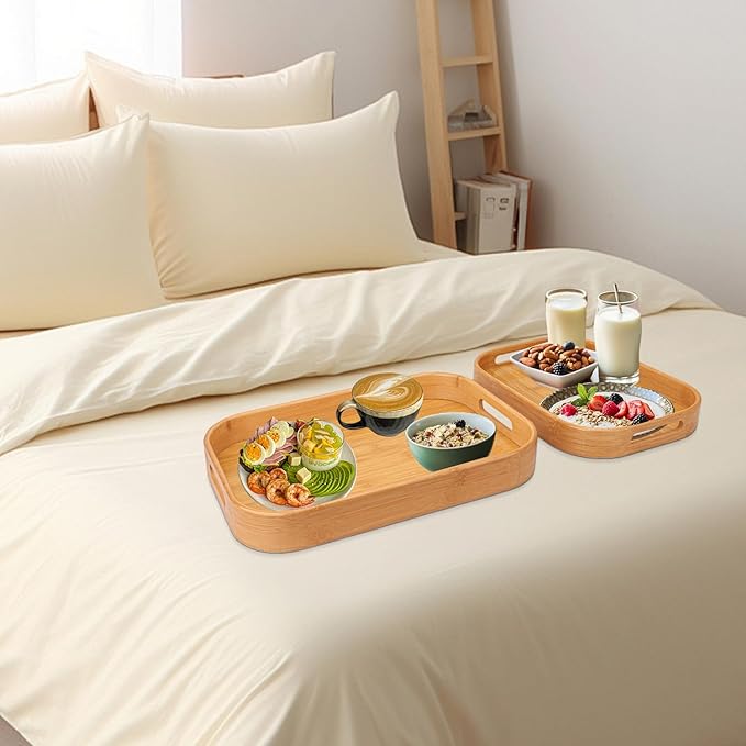 2 Pack Bamboo Serving Trays with Handles, Rectangular Bamboo Trays for Serving Food, Tea, or Dining in Bed