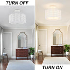 Tbaoinla✿ 13.8＂ Handwoven Rattan 3-Light | White Boho Flush Mount for Small Bedroom & Nursery, Midnight Blossom Woven Ceiling Light, Natural Fiber Bedroom Fixture, Low Profile Rattan Lighting