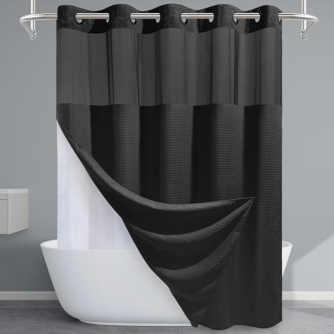 Black Shower Curtain with Liner - 230GSM Waffle Textured Heavy Duty Shower Curtains for Bathroom,71W x 74H