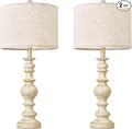 BOBOMOMO 27" Antique White Table Lamps Set of 2, Large Vintage Resin Lamps with Linen Shades, Farmhouse White Lamps for Bedroom, Living Room, or Console Table Elegant Home Décor