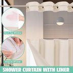 No Hook Linen Shower Curtain with Snap in Liner Set, Hotel Luxury Style Beige Shower Curtain with See Through Top Window, Machine Washable & Water Repellent, 72W x 72L Standard Size