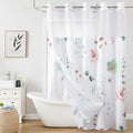 QiyI Flower Shower Curtain with Snap in Liner, Sage Green and Pink Watercolor Floral Cloth Bath Curtain, No Hook Shower Curtains with Mesh Top Window, Waterproof Bathroom Curtain Set, 72 x 87 Inch