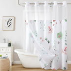 QiyI Flower Shower Curtain with Snap in Liner, Sage Green and Pink Watercolor Floral Cloth Bath Curtain, No Hook Shower Curtains with Mesh Top Window, Waterproof Bathroom Curtain Set, 72 x 87 Inch