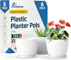 White Gray 6-Inch Plant Pots with Drainage & Saucers 6 Pack, Indoor & Outdoor Planters for Houseplants, Herbs, and Flowers, Durable & Weatherproof Material, Stackable, Lightweight, Minimalist Design