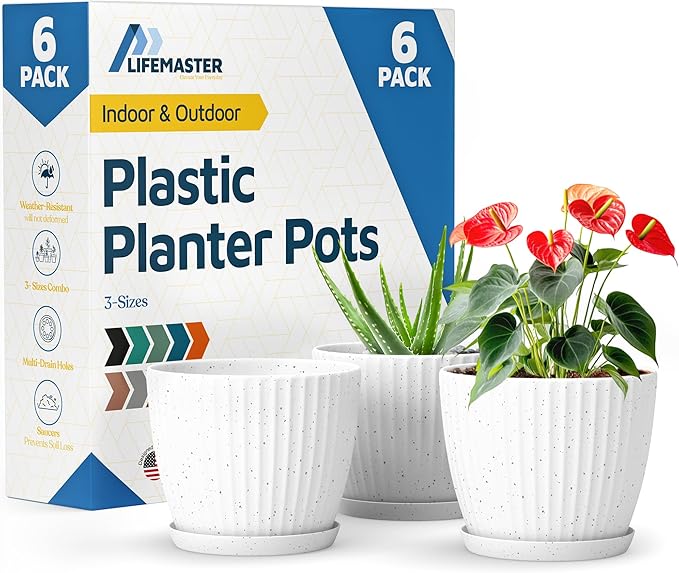 White Gray 6-Inch Plant Pots with Drainage & Saucers 6 Pack, Indoor & Outdoor Planters for Houseplants, Herbs, and Flowers, Durable & Weatherproof Material, Stackable, Lightweight, Minimalist Design
