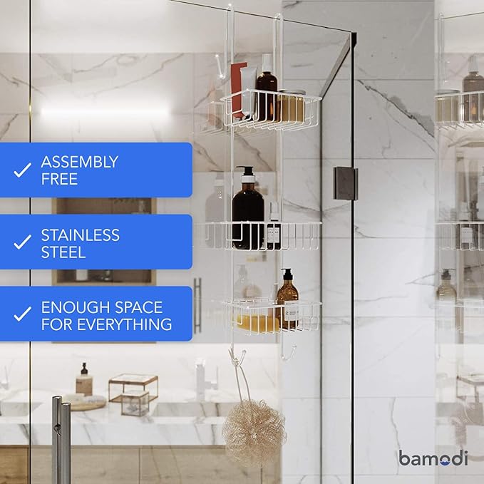 Bamodi Shower Caddy Hanging - 3-Tier Over Door Shower Basket Chrome-Plated - No Drilling Required - Fits Shower Screens up to 0.78 inches - Hangable Shower Rack with 2 Towel Hooks