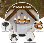 8 Light Rustic Wagon Wheel Chandelier, 32'' Wooden Pendant Light with Seeded Glass Shade, Industrial Chandeliers for Dining Room Kitchen Island Foyer (Solid One-Piece Wood Frame Design)
