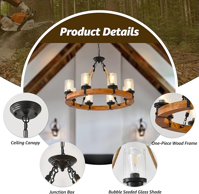 8 Light Rustic Wagon Wheel Chandelier, 32'' Wooden Pendant Light with Seeded Glass Shade, Industrial Chandeliers for Dining Room Kitchen Island Foyer (Solid One-Piece Wood Frame Design)