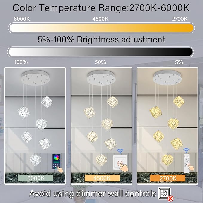 6-Lights Crystal Chandeliers for Staircases Modern Chandeliers for High Ceilings Crystal Pendant Light Fixture for Living Room Kitchen Island Foyer Hallway Bar