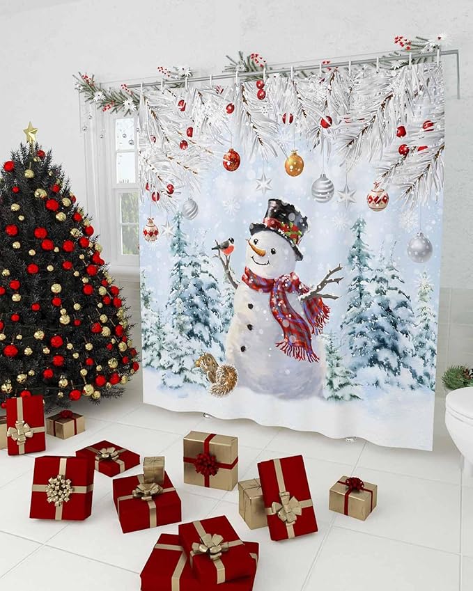 Vandarllin Snowman Shower Curtain, Blue Merry Christmas Tree Red Balls Squirrel Shower Curtains Set with Hooks, Winter Waterproof Fabric Bathroom Curtains Decor Home Accessories, 60 X 72 Inch Long