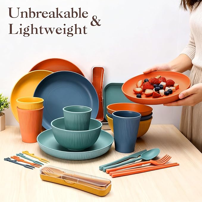 40-Piece Wheat Straw Dinnerware Set, Service for 4, Unbreakable Plates Bowls Cups Utensils with Fruit Forks, Dishwasher & Microwave Safe, Apartment Essentials & Outdoor Camping