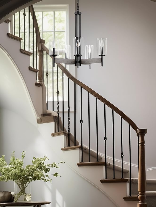 Kira Home Winston 26" 5-Light Modern Farmhouse Dining Room Chandelier + Clear Cylinder Glass Shades, Gray Oak Wood Style + Black Finish
