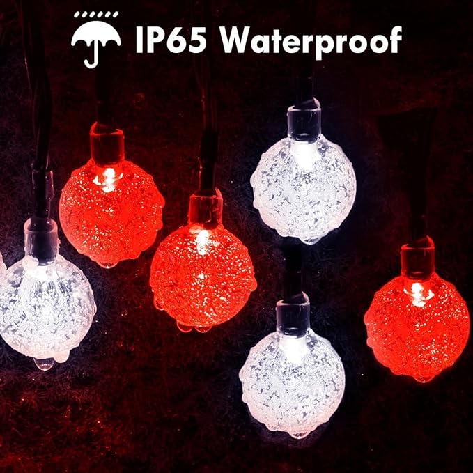 Red and White Solar Christmas String Lights, 2-Pack Total 100 LED 64FT Crystal Globe Solar Lights Outdoor Waterproof, Christmas Decorations with 8 Lighting Modes for Xmas Tree Wedding Patio Party