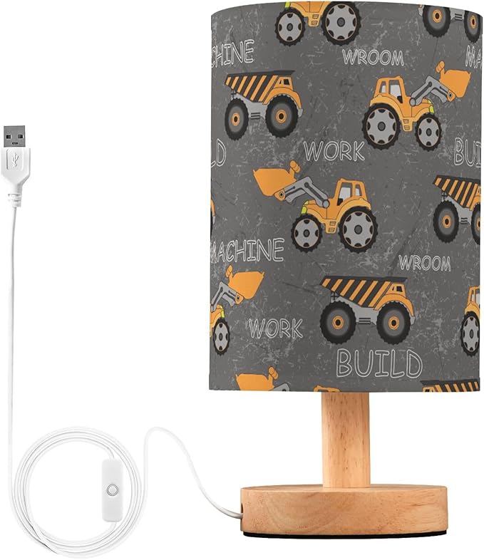 Table Lamp Construction Car Truck Excavator Nightstand Lamp with Wood Base Fabric Lamp Shade Bedside Desk Lamp for Living Room Bedroom Kids Room Office