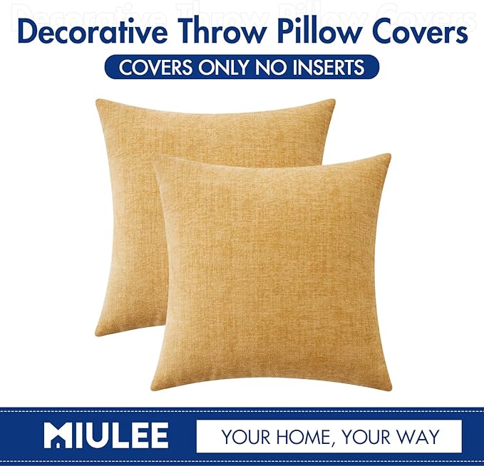 MIULEE Pack of 2 Couch Throw Pillow Covers 16x16 Inch Soft Gold Chenille Pillow Covers for Sofa Living Room Solid Dyed Pillow Cases