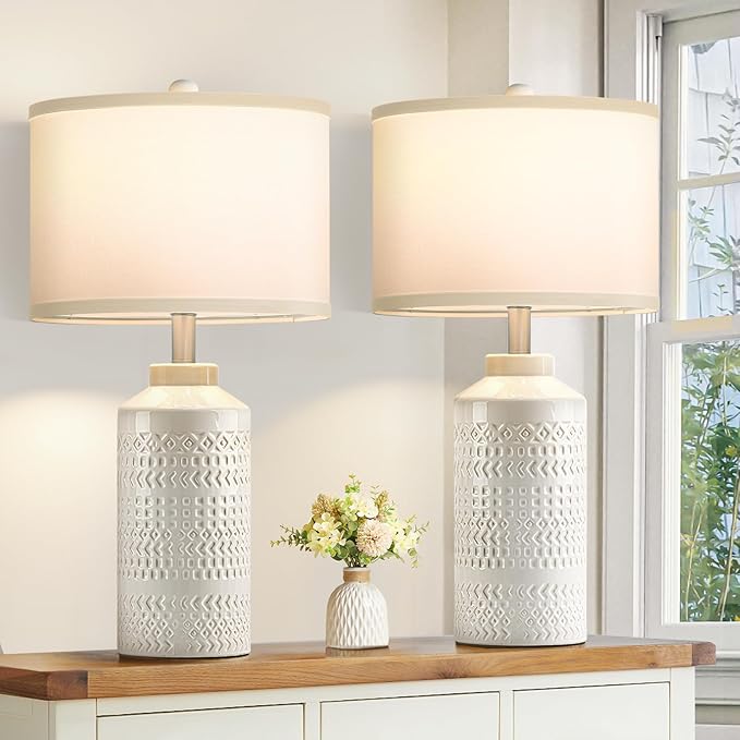 23.5" Ceramic Table Lamps for Living Room, Modern Cream White Table Lamps for Bedrooms Set of 2, Vintage Ceramic Lamps for Night Stands, White Shade Retro Nightstand Lamps for Bedroom