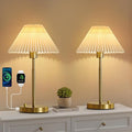 Bedside Table Lamp Set of 2: Dimmable Nightstand Bedside Lamps with USB A and C Ports, Modern Metal and Pleated Fabric Shade Gold Desk Lamp for Home Office Bedroom Living Room Reading