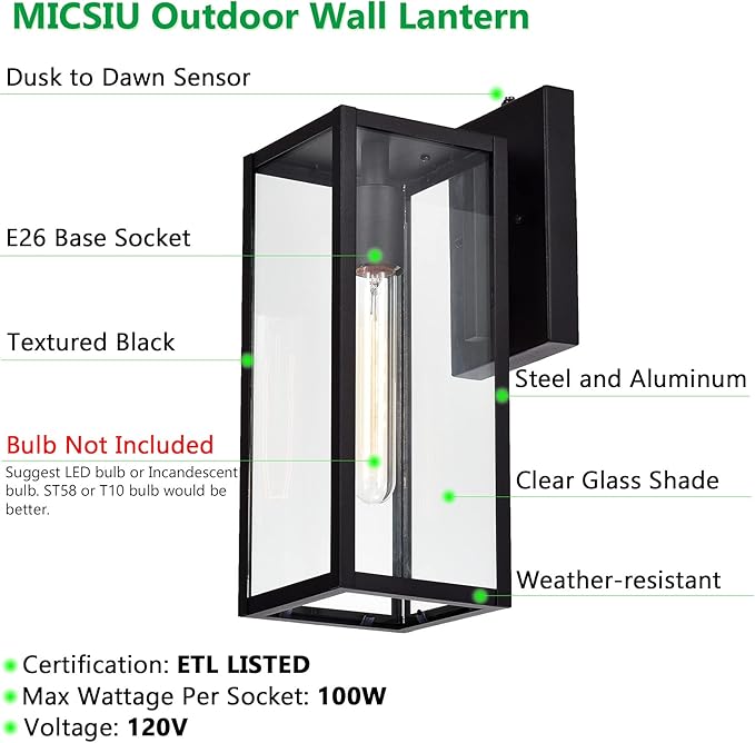 MICSIU Dusk to Dawn Outdoor Lighting, 14.5 Inch Exterior Wall Mount Lantern with Clear Glass, Industrial Textured Black Outside Lighting for Front Porch