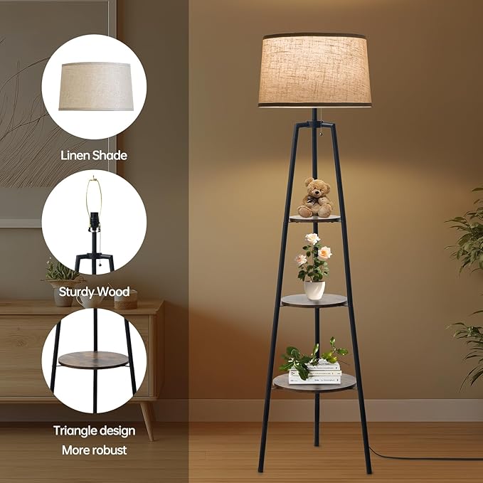 3 Tier Shelf Floor Lamps for Living Room, Modern Standing Lamp with 3 Color Temperature Led Bulb, Tall Lamps for Bedroom and Office, Vintage Yellow