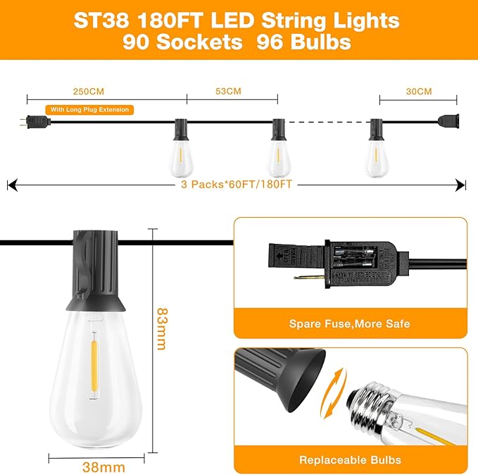 GLUROO Outdoor String Lights 180FT, 90+6Pcs Vintage Bulbs Shatterproof 2700K LED Patio String Lights Waterproof, Connectable Edison Style Lights, Hanging Lights for Backyard, Bistro