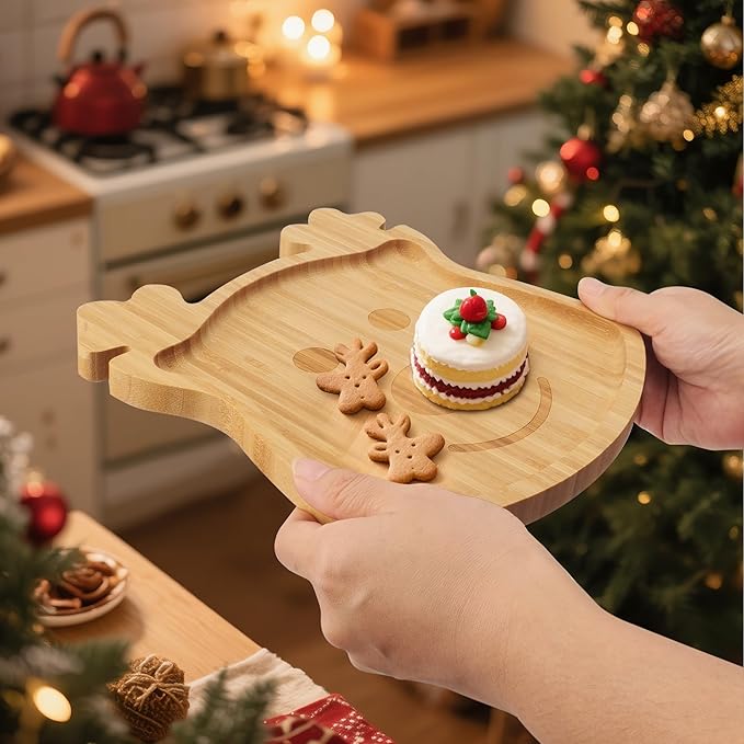TJ POP Christmas Reindeer Bamboo Serving Tray - Laser-Carved Cute Deer Face Pattern, Natural Wooden Snack Platter Charcuterie Board, Holiday Party Kitchen Decor for Sweets, Snacks, Drinks (10” x 9”)