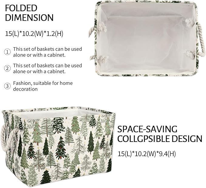 2Pcs Christmas Rectangle Storage Basket 15 x 10.2 x 9.4 In Xmas Pine Tree Foldable Open Toy Organizer Bag with Handle Large Laundry Dirty Cloth Storage Bin for Bedroom Shelves Closet