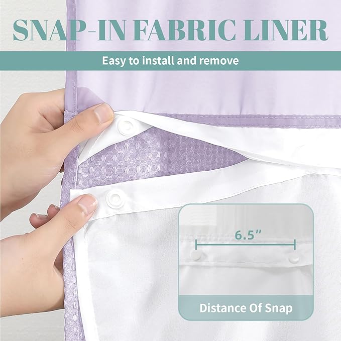 Lavender Long No Hook Waffle Weave Shower Curtain with snap-in Liner Replacement, 230GSM Waterproof Fabric Hotel Shower Curtain Set for Bathroom, Through Mesh Top Window,71Wx80H