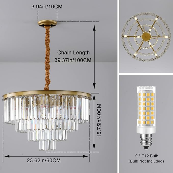 Gold Modern Crystal Chandelier, 4-Tier Round Flush Mount Ceiling Light Fixtures Height Adjustable Pendant Lighting for Dining Room Living Room Bedroom Kitchen Hotel Foyer