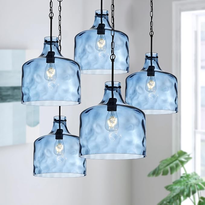 16" Extra Large Farmhouse Pendant Light – Hand-Blown Blue Hammered Glass Shade, Black Finish, Adjustable Chain Hanging Light Fixture for Kitchen Island, Dining Room, Hallway
