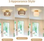 Boho Rattan Ceiling Light Fixture - 3 Style Options Wicker Semi Flush Mount Ceiling Lights,Brown Coastal Light Fixtures,Bohemian Woven Basket Chandelier for Hallway Bedroom Nursery Kitchen Laundry