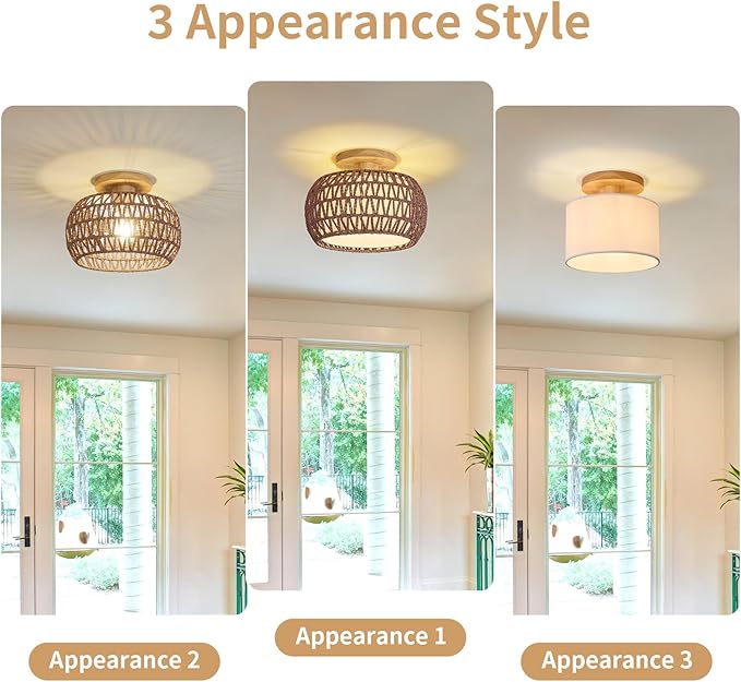 Boho Rattan Ceiling Light Fixture - 3 Style Options Wicker Semi Flush Mount Ceiling Lights,Brown Coastal Light Fixtures,Bohemian Woven Basket Chandelier for Hallway Bedroom Nursery Kitchen Laundry