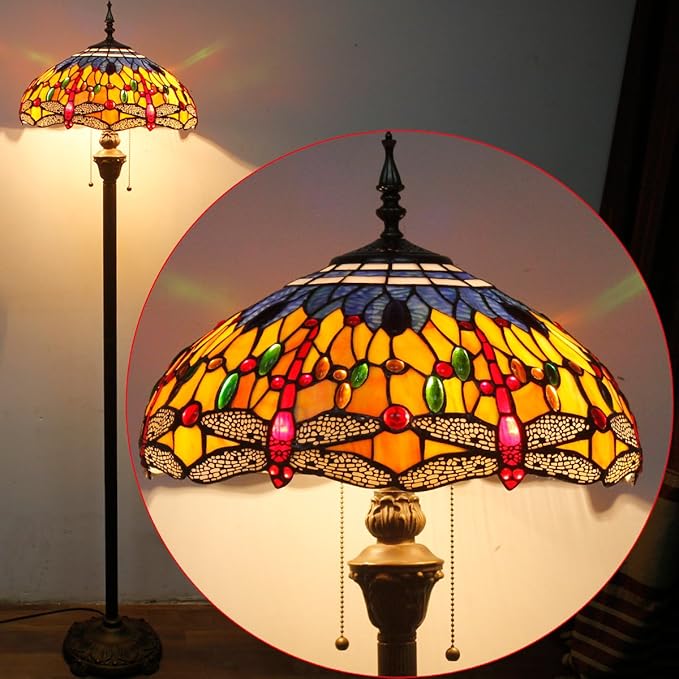 WERFACTORY Tiffany Floor Lamp Blue Yellow Dragonfly Stained Glass Standing Reading Light 16X16X64 Inches Antique Pole Corner Lamp Decor Bedroom Living Room Home Office S168 Series