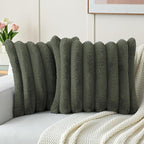 FUTEI Olive Green Decorative Throw Pillow Covers 18x18 Inch Set of 2, Square Soft Faux Rabbit Fur Big Striped Cushion Cover,Home Decor for Couch Sofa Bed Living Room