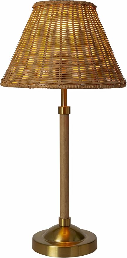 BoutiqueRugs Zakharivka Boho Bedside Table Lamp for Bedroom Nightstand - Iron End Side Lighting for Living Room - Shade Rattan - Beige, Gold - 19'' H
