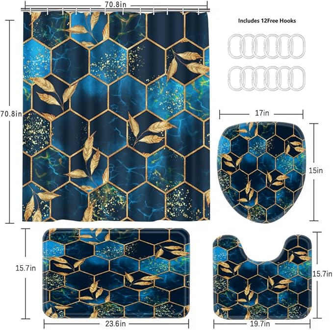 4 Pcs Bathroom Shower Curtain Set, Includes Bath Mat,U Shape Mat and Toilet Lid Cover, 12 Hooks, Black & Blue Honeycomb Marble with Gold Leaves Design, 70.8x70.8 Inches, Waterproof Fabric.