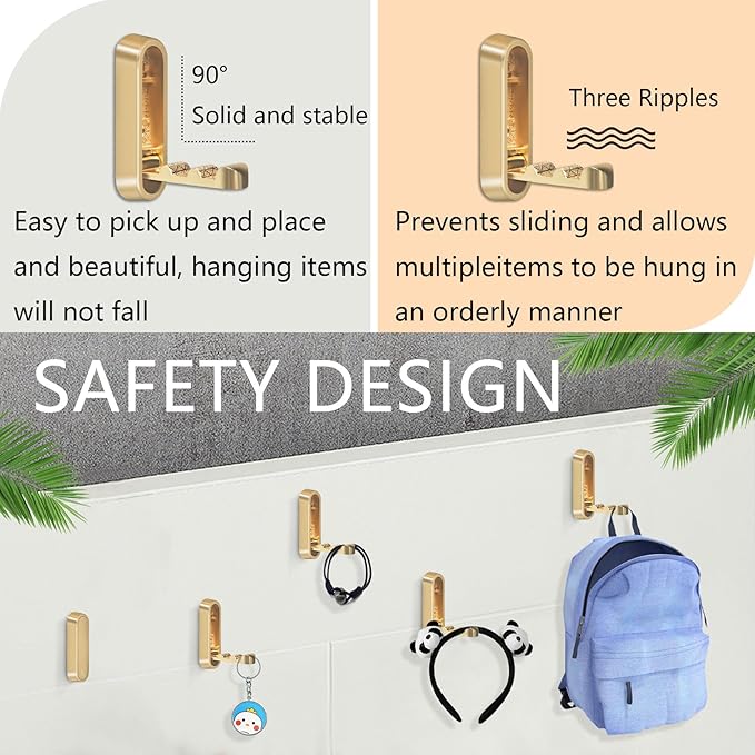 4PCS Foldable Gold Wall Hooks, Heavy Duty Zinc Alloy Folding Wall Hooks, Folding Hidden Coat Hooks Wall Mount Bathroom Foldable Towel Hooks for Hanging Clothes, Bags, Hats, Bathrobes, Keys etc (Gold)