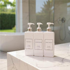 Modern Design Large 27 oz Shampoo and Conditioner Dispensers - Empty Plastic Refillable Pump Bottle Set for Bathroom Shower Soap Dispenser, Gift Box Included, Set of 3, (White & Silver)