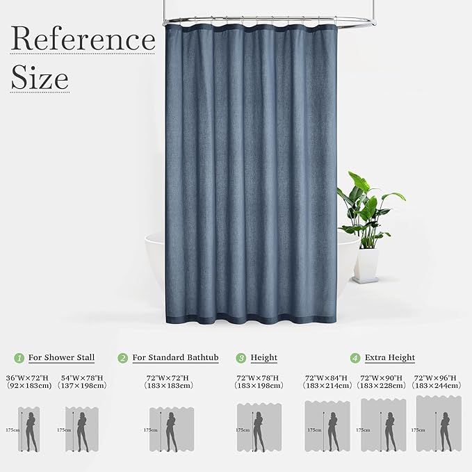 KGORGE Linen Fabric Shower Curtain for Bathroom-Button Hole Waterproof Lightweight Washable Privacy Shower Curtain Sets for Bathtub with 12 Metal Hooks, W72 x 72 inches Long, Navy Blue, 1 Panel