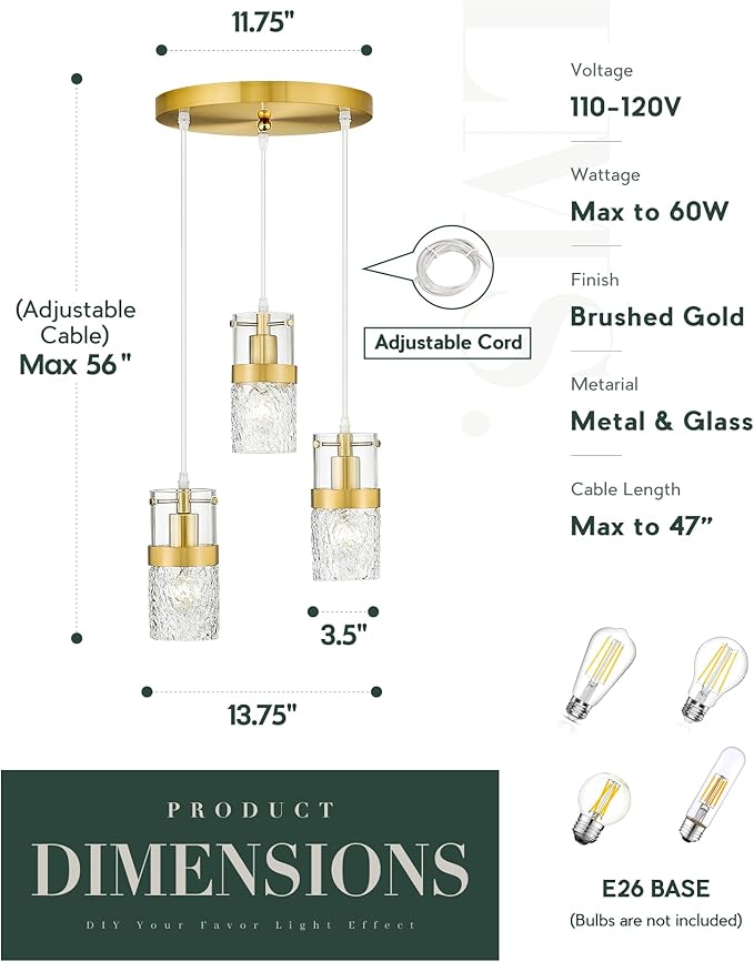 LMS 3-Light Pendant Light Fixtures, Brushed Gold Farmhouse Kitchen Island Light, Industrial Adjustable Hanging Pendant Lighting, Cluster Chandeliers, LMS-189