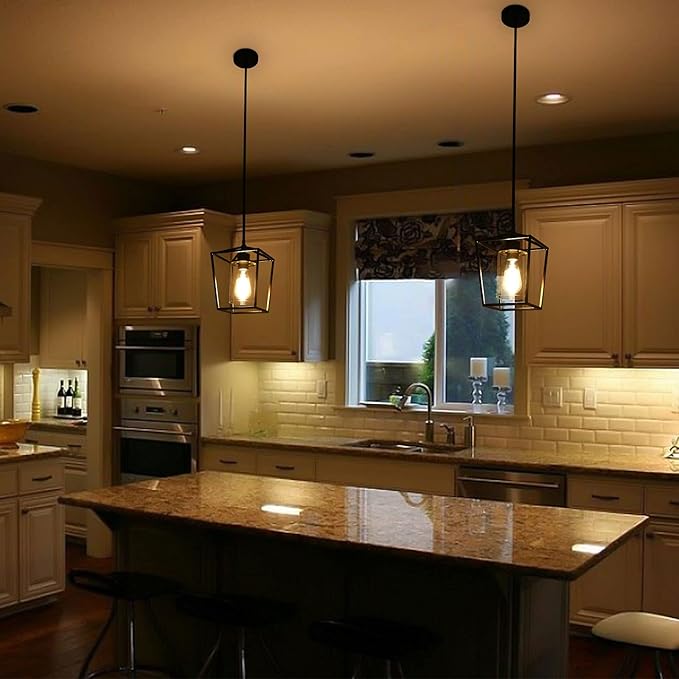 2 Pack Black Pendant Light Fixture 1-Light Farmhouse Pendant Lights Kitchen Island Lantern Iron Cage Hanging Lights with Clear Glass Shade for Entryway Dining Room Hallway Porch